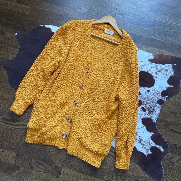 New Mustard Yellow Button Down Fuzzy Cardigan - Picture 5 of 5